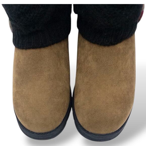 MUK LUKS Patti Cable Knit Sweater Cuff Booties 7 Red Gray Plaid Brown Black - Picture 5 of 7